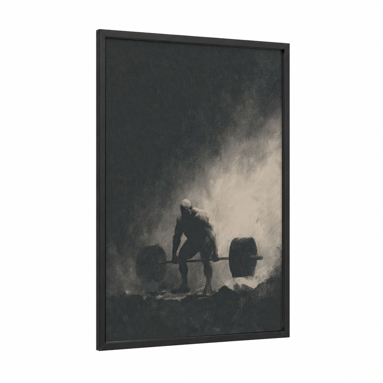 Bodybuilder Lifting Barbell framed bodybuilding print — black wood frame — black and white and gray palette