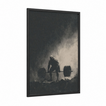 Bodybuilder Lifting Barbell framed bodybuilding print — black wood frame — black and white and gray palette
