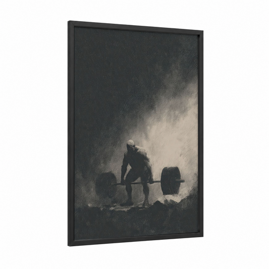 Bodybuilder Lifting Barbell framed bodybuilding print — black wood frame — black and white and gray palette