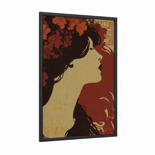 Crimson Wine Woman framed red wine print — black wood frame — maroon and cream palette