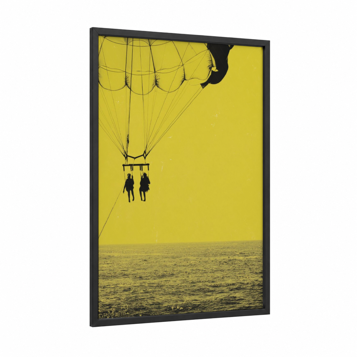 Sunny Parasailing Adventure framed art print — black wood frame — yellow and black palette