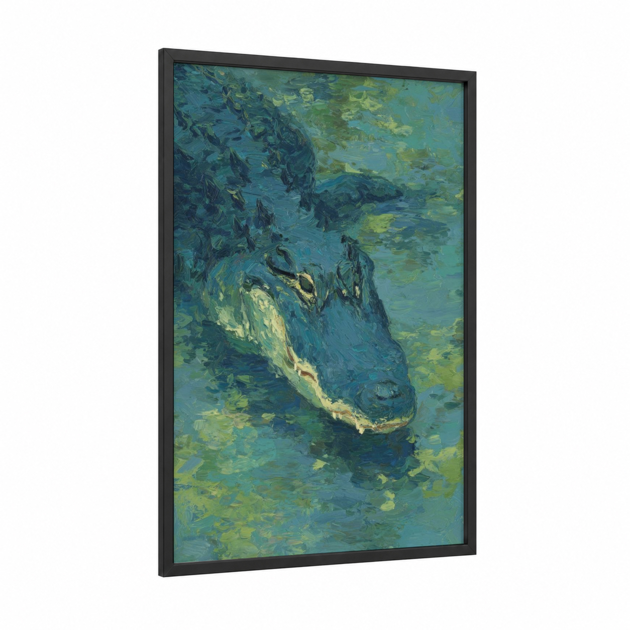 Swamp Alligator framed art print — black wood frame — teal and light green palette