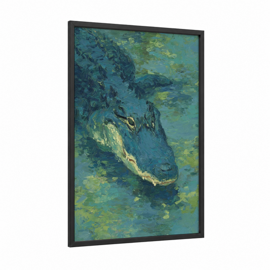 Swamp Alligator framed art print — black wood frame — teal and light green palette