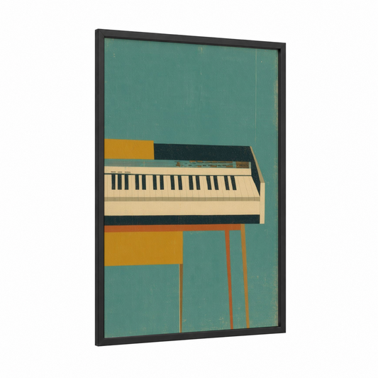 Retro Keyboard framed art print — black wood frame — mustard and teal palette