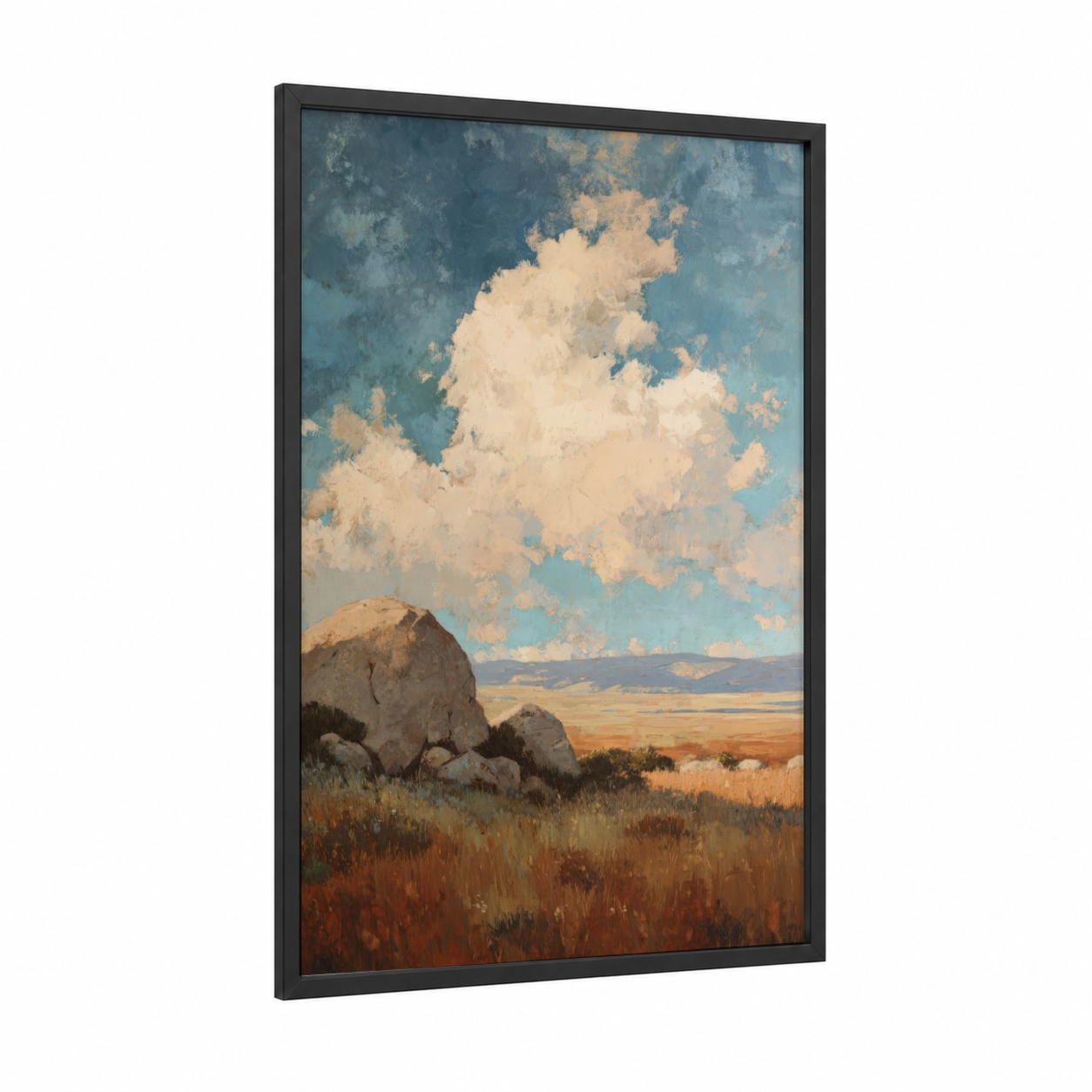 Desert Boulder Landscape framed natural stones print — black wood frame — blue and gold and cream palette