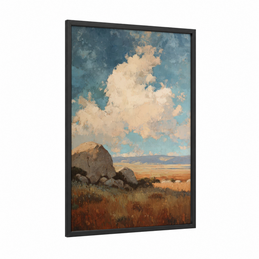 Desert Boulder Landscape framed natural stones print — black wood frame — blue and gold and cream palette