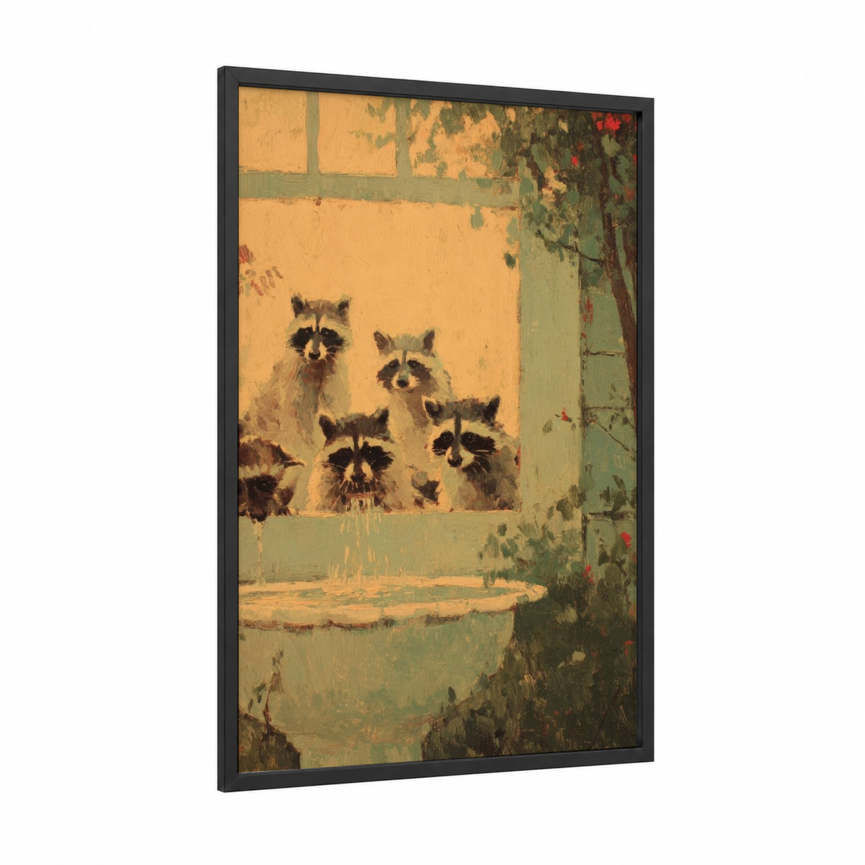 Curious Raccoons Window framed art print — black wood frame — peach and sage green palette