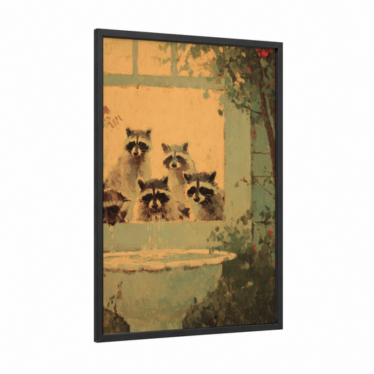 Curious Raccoons Window framed art print — black wood frame — peach and sage green palette