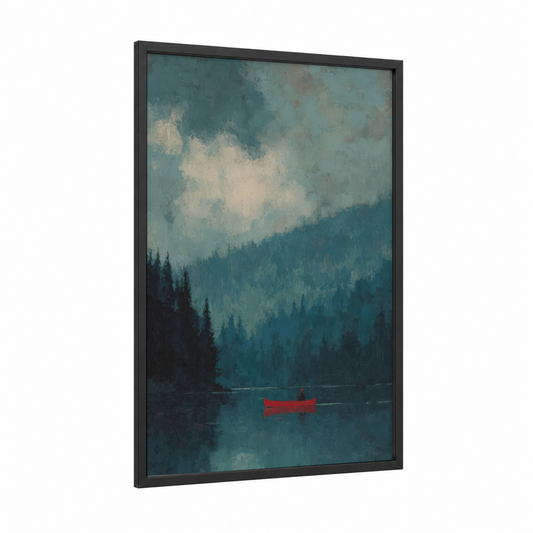 Misty Lake Canoe framed canoeing and kayaking print — black wood frame — teal and gray palette