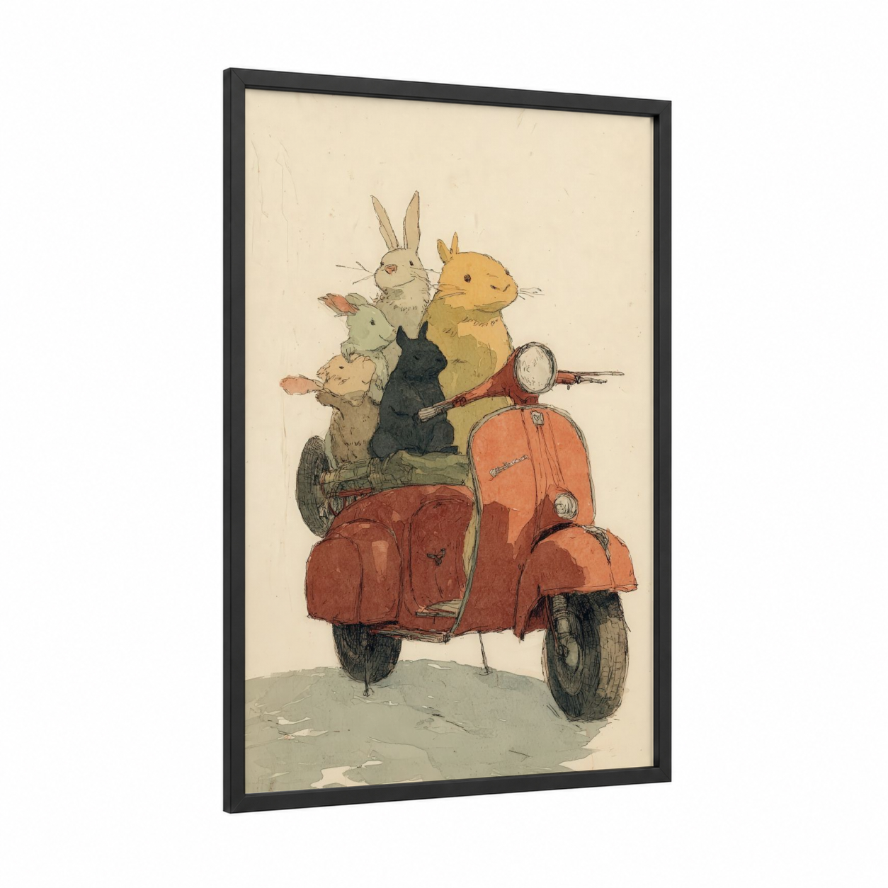 Rabbit Scooter Adventure framed art print — black wood frame — cream and russet palette