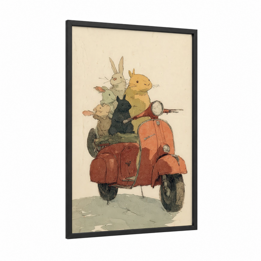 Rabbit Scooter Adventure framed art print — black wood frame — cream and russet palette