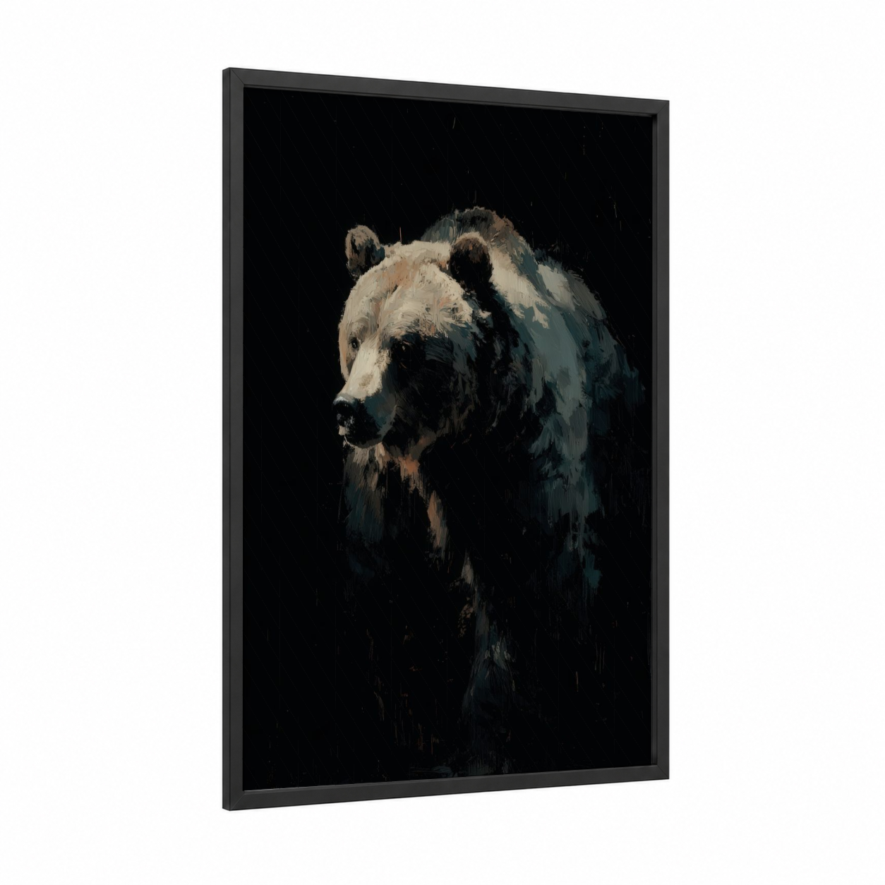 Shadowed Grizzly framed grizzly bear print — black wood frame — black and white and dove gray palette