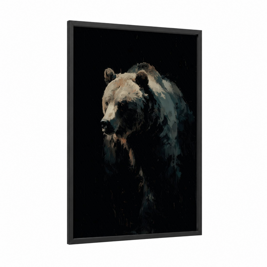 Shadowed Grizzly framed grizzly bear print — black wood frame — black and white and dove gray palette