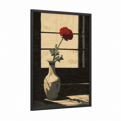Crimson Window Ranunculus framed art print — black wood frame — cream and maroon palette