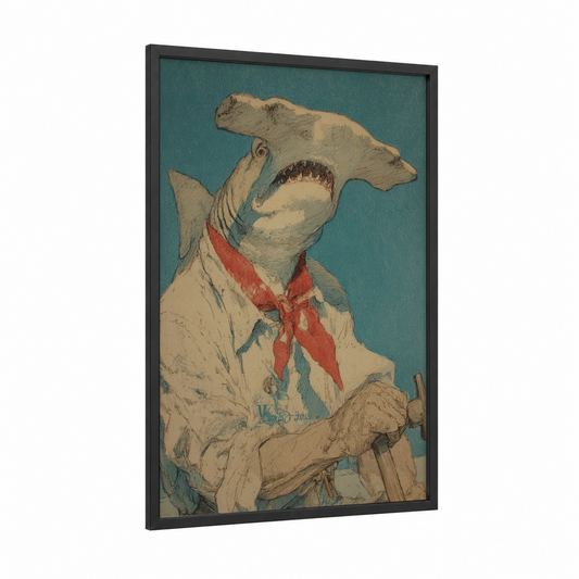 Dapper Hammerhead framed hammerhead shark print — black wood frame — teal and cream palette
