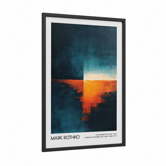 Horizon Divide framed abstract classic print — black wood frame — dark blue and orange palette
