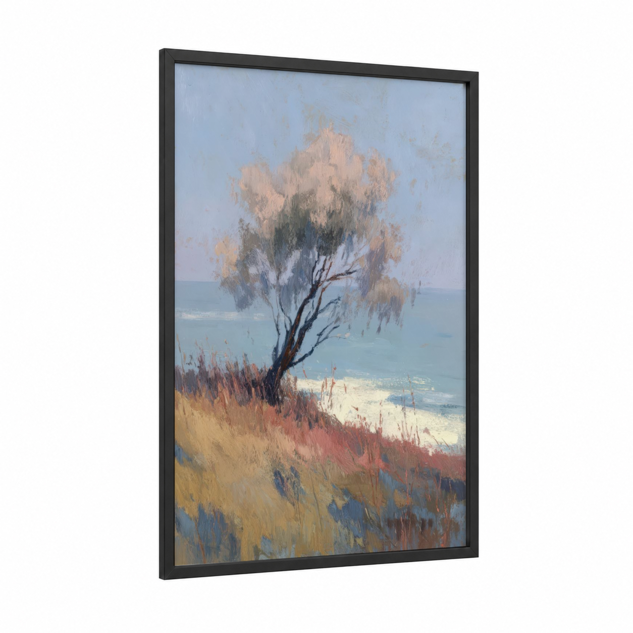 Coastal Willow framed willow tree print — black wood frame — blue and gold and cream palette
