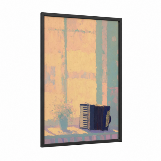 Vintage Accordion Window framed art print — black wood frame — cream and sage green palette