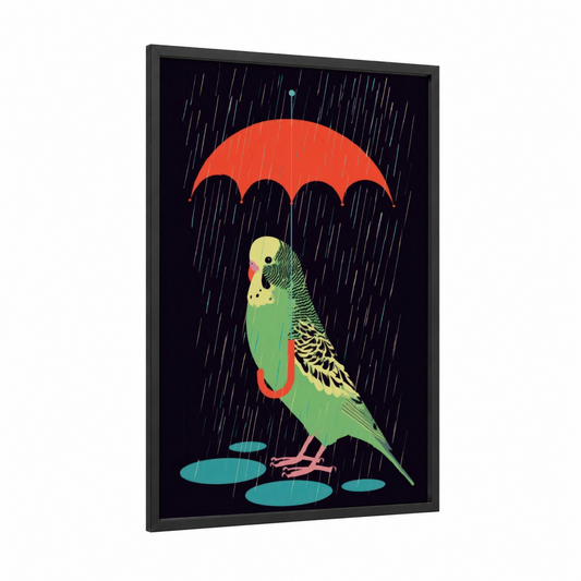 Rainy Day Budgie framed budgeridar print — black wood frame — true green and red palette