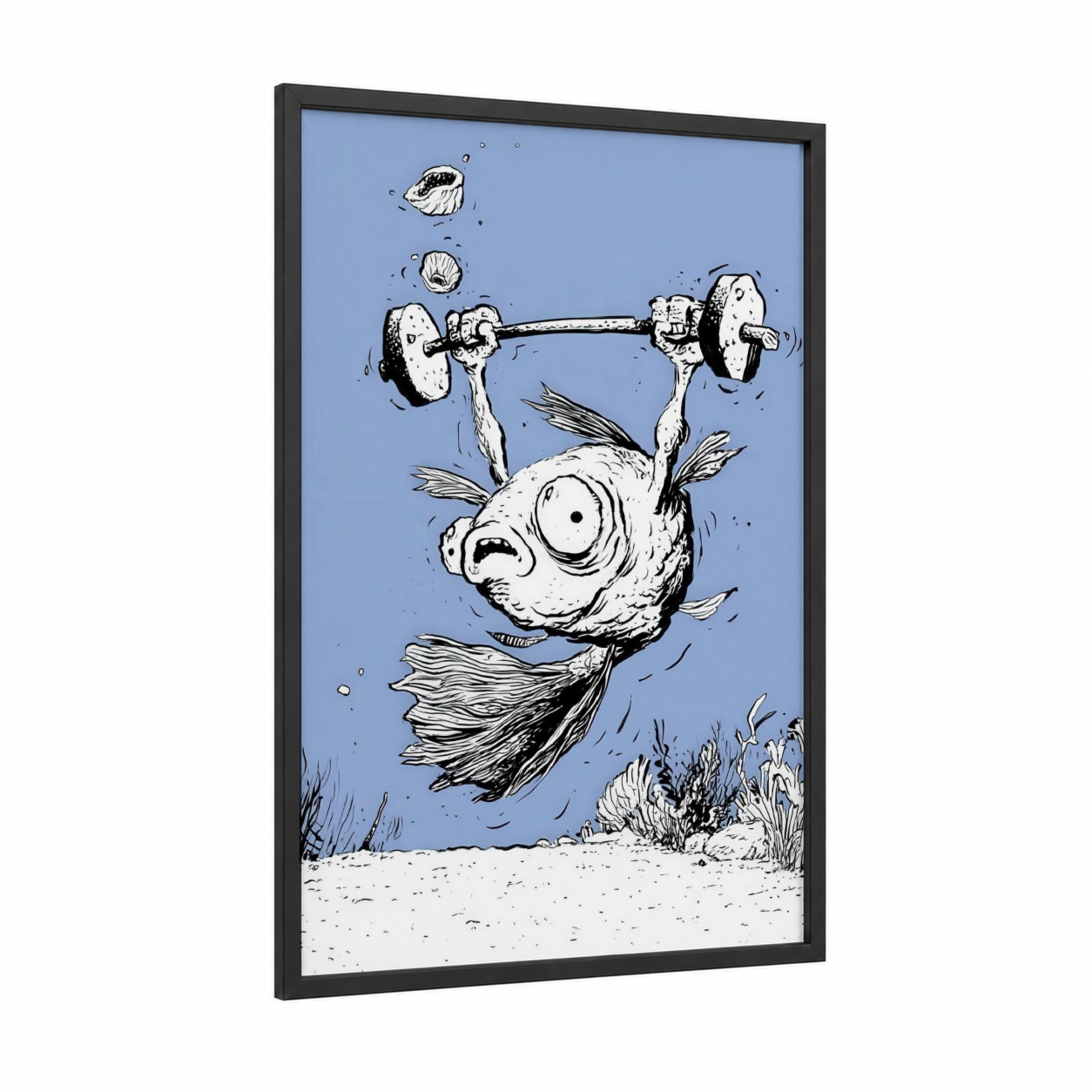 Weightlifting Fish framed fighting fish print — black wood frame — blue and black and white palette