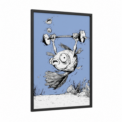 Weightlifting Fish framed fighting fish print — black wood frame — blue and black and white palette