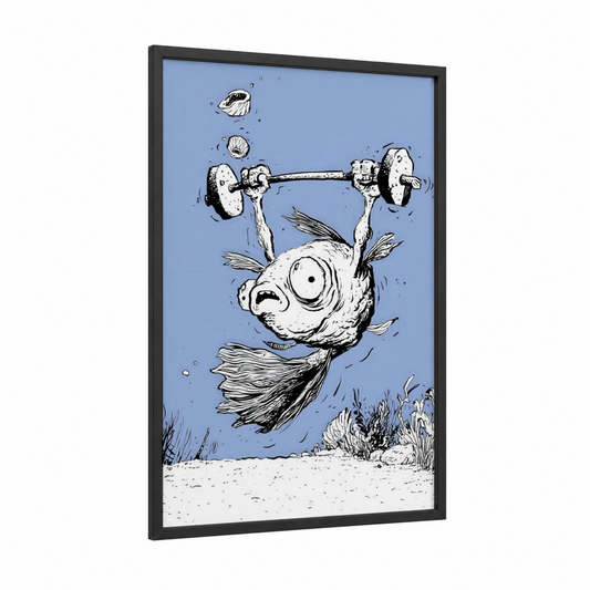 Weightlifting Fish framed fighting fish print — black wood frame — blue and black and white palette