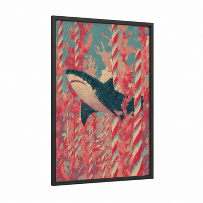 Coral Shark framed sand tiger shark print — black wood frame — salmon pink and teal palette