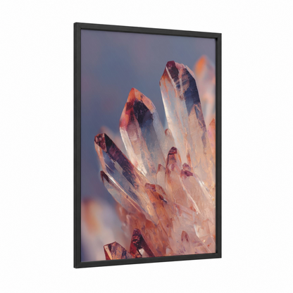 Amethyst Crystal Cluster framed natural stones print — black wood frame — purple and gold palette