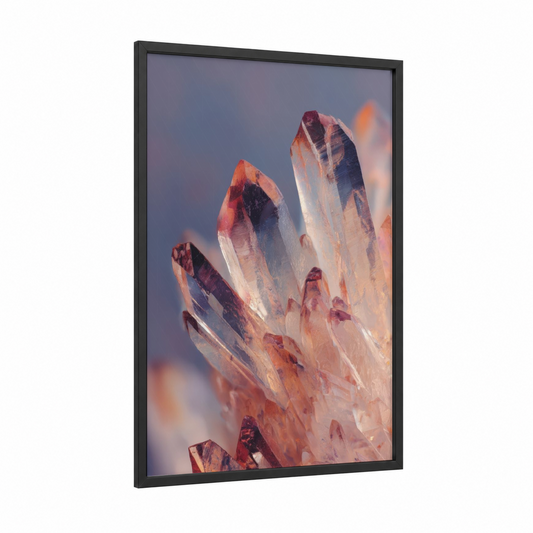 Amethyst Crystal Cluster framed natural stones print — black wood frame — purple and gold palette