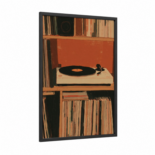 Vintage Turntable Setup framed vinyl records print — black wood frame — orange and cream palette