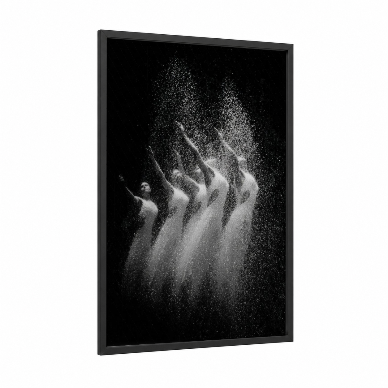 Liquid Grace framed synchronized swimming print — black wood frame — black and white palette