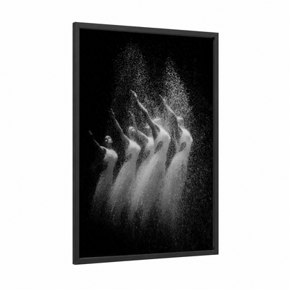 Liquid Grace framed synchronized swimming print — black wood frame — black and white palette