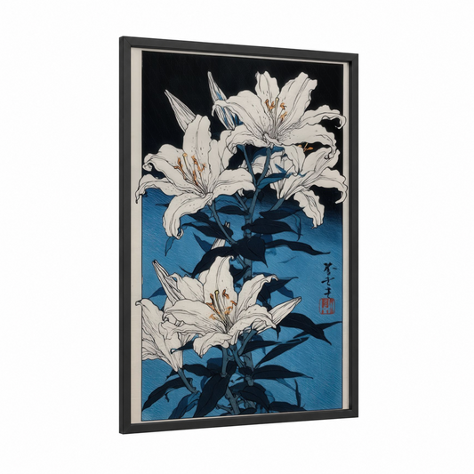 Midnight Amarillys framed art print — black wood frame — blue and white palette