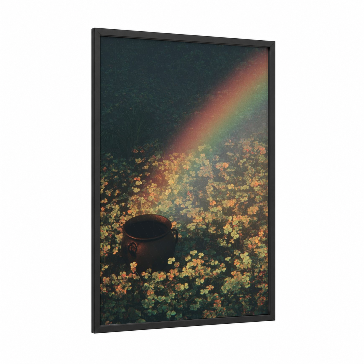 Rainbow Cauldron framed st. patrick's day print — black wood frame — gold and dark green palette