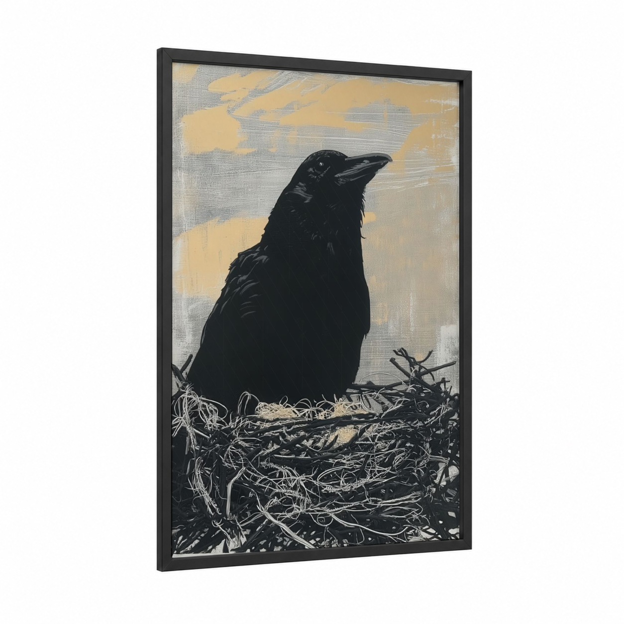 Sentinel Raven framed crows and ravens print — black wood frame — black and cream palette