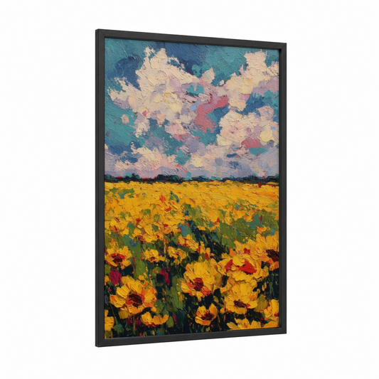 Golden Sunflower Bliss framed sunflower field print — black wood frame — yellow gold and teal palette