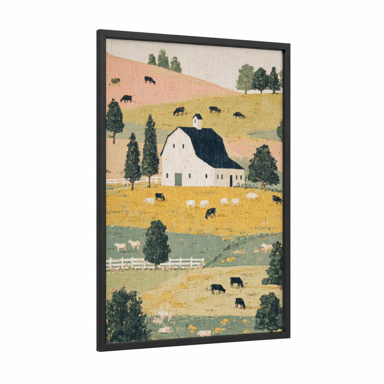 Pastoral Barn Landscape framed art print — black wood frame — cream and mustard palette