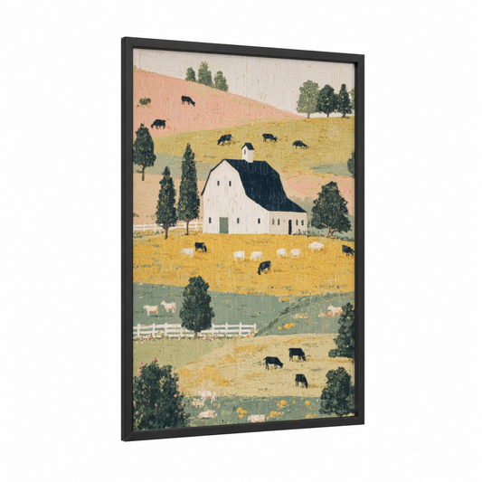 Pastoral Barn Landscape framed art print — black wood frame — cream and mustard palette