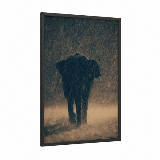 Monsoon Elephant framed asian elephant print — black wood frame — gray and dove gray palette