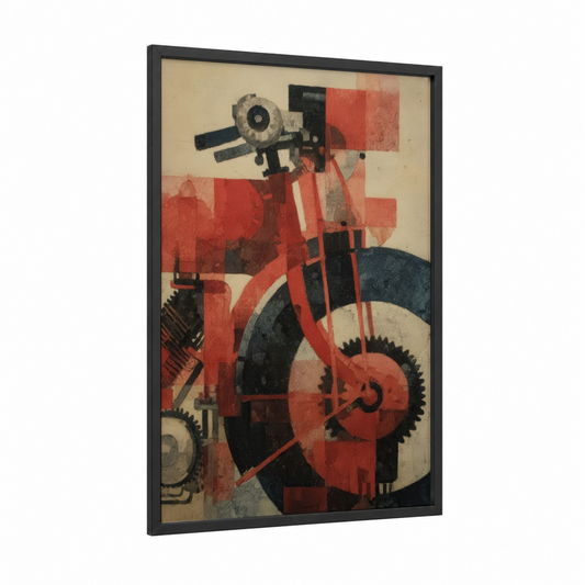 Crimson Motorcycle Engine framed vintage motorcycle print — black wood frame — red and black palette