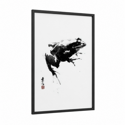 Leaping Frog framed frogs and toads print — black wood frame — black and white palette