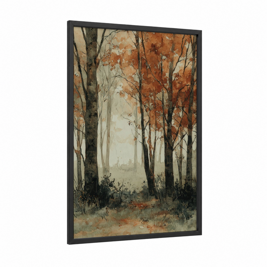 Autumn Maple Forest framed art print — black wood frame — cream palette