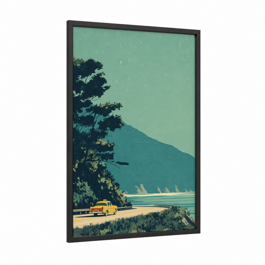 Lakeside Taxi framed taxi cab print — black wood frame — teal and sage green palette