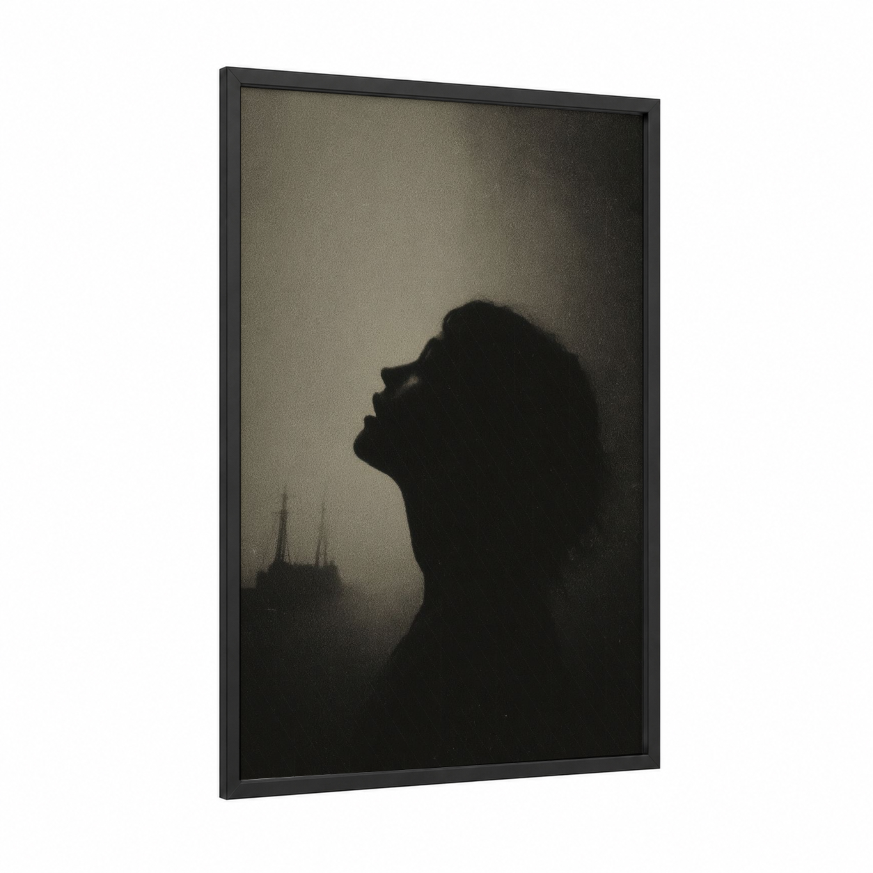 Contemplative Siren framed art print — black wood frame — black and gray palette