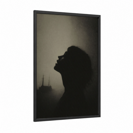 Contemplative Siren framed art print — black wood frame — black and gray palette