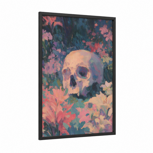 Floral Skull framed art print — black wood frame — pink and blue palette