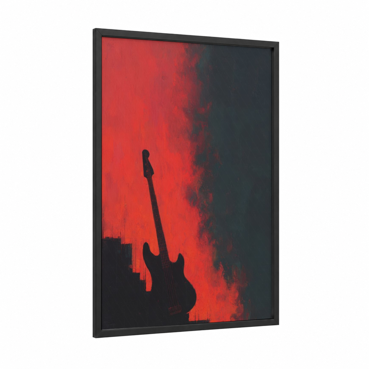 Crimson Rock Bass framed bass guitar print — black wood frame — red and black palette