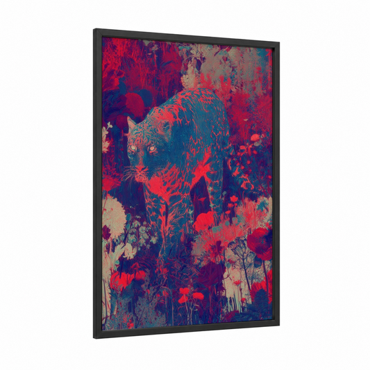 Crimson Jaguar framed art print — black wood frame — red and dark blue palette
