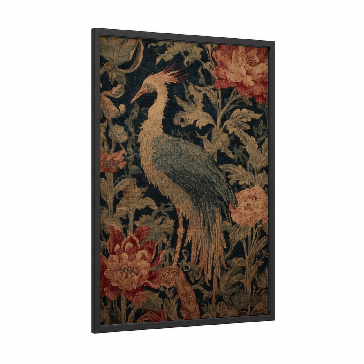Regal Phoenix Tapestry framed art print — black wood frame — maroon and champagne gold palette