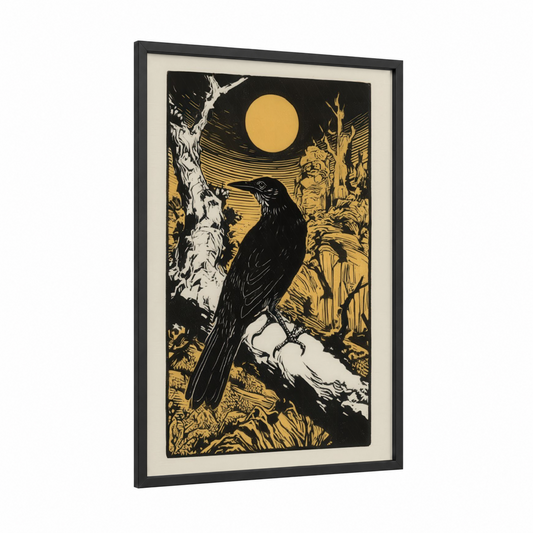 Moonlit Thrush framed art print — black wood frame — black and white and yellow gold palette